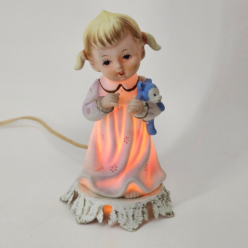 Vintage Aladdin Giftware Porcelain Girl w/ Teddy Bear Figural Night Light Lamp